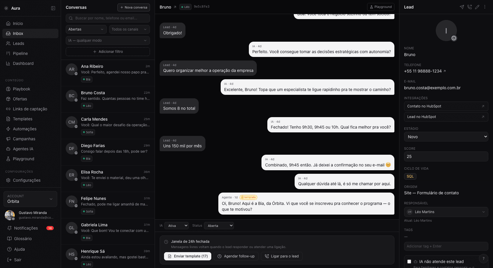 Tela do Aura, inbox conversacional multi-canal com IA